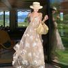 Champagne Holiday Style Flower Embroidered Suspender Dress Summer Sanya Yunnan Travel Fairy Dress
