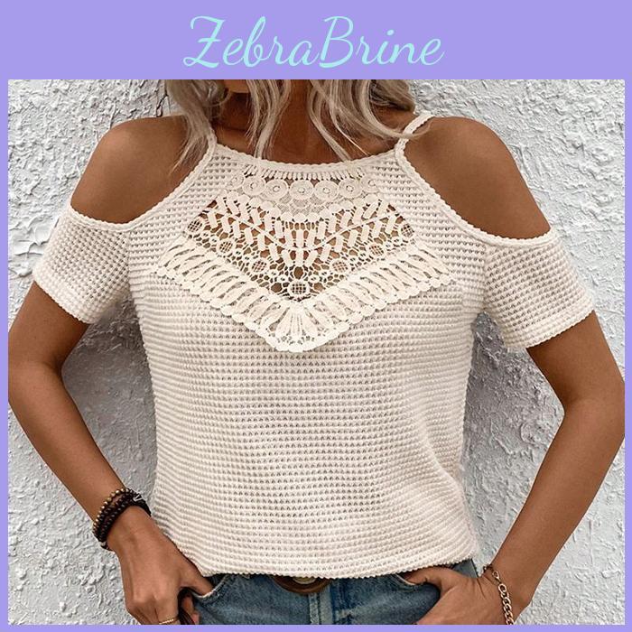 Strap Shoilder Ladies Summer Off Solid Color Loose Pullover Casual Knitted Hollow Out Lacework T Shirt Top