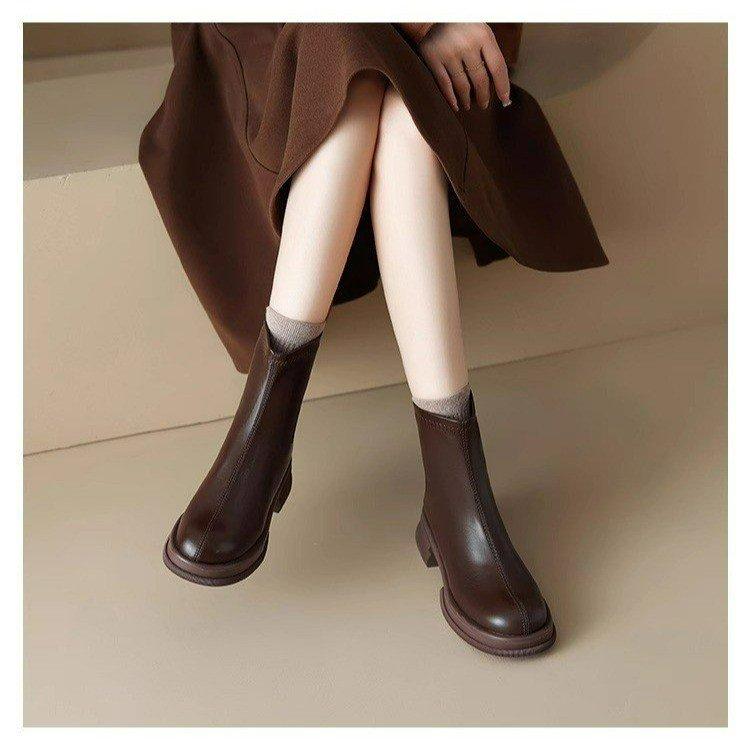Soft Leather Martin Boots Women's Autumn and Winter 2025 Versatile New Chelsea Boots Women's French Short Boots Women's Thick Heel Thin Boots