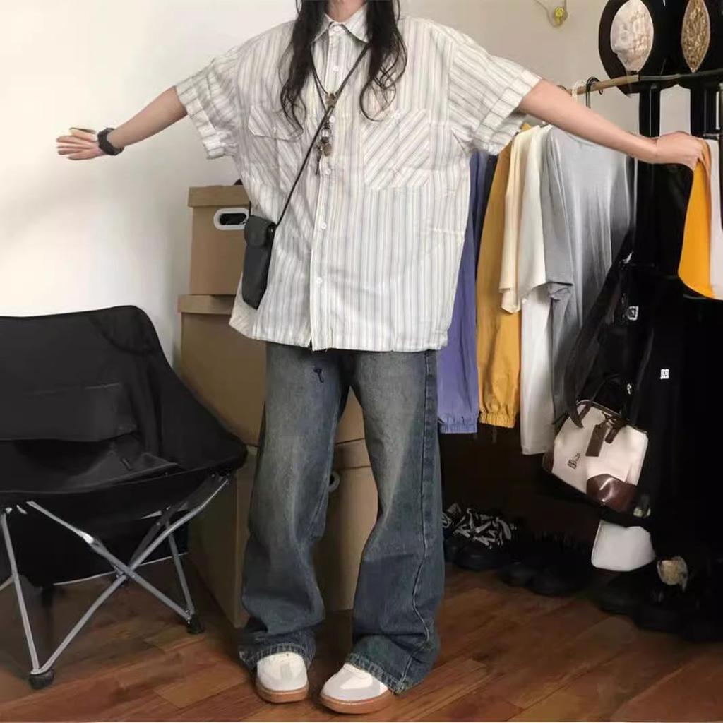 Summer 2024 Women's Niche Design Blue Striped Retro Short-Sleeve Shirt