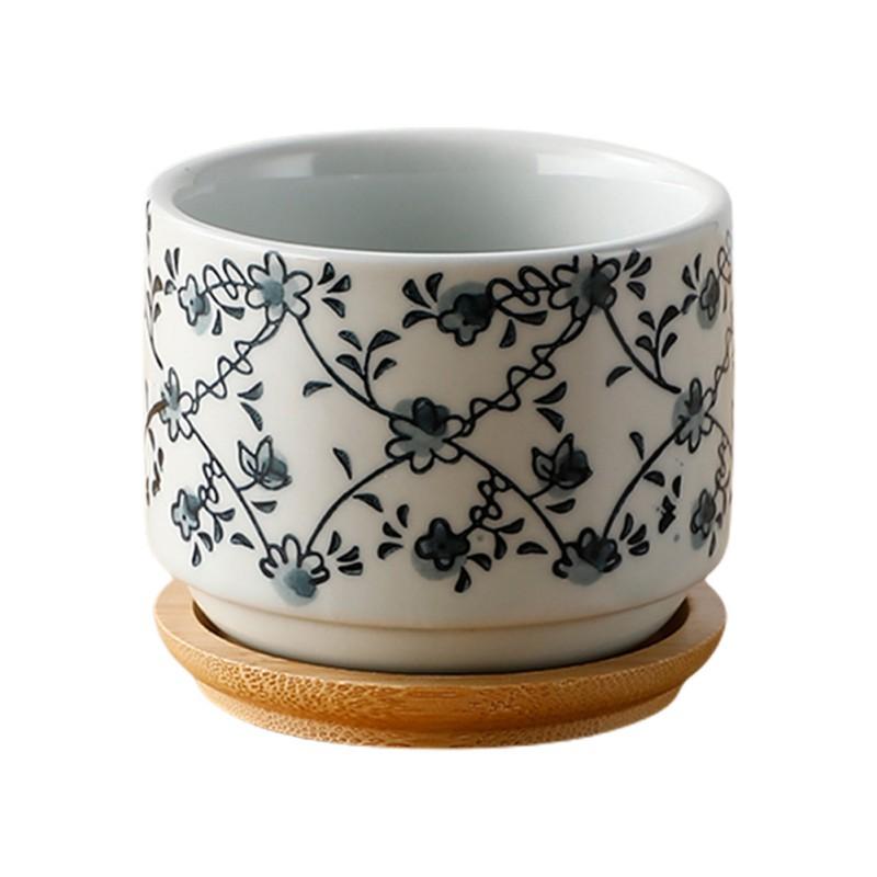 Vaso de cerâmica com bandeja de bambu estilo japonês suculenta planta vaso de flores bonsai plantador decoração de jardim cactos plantas plantadores