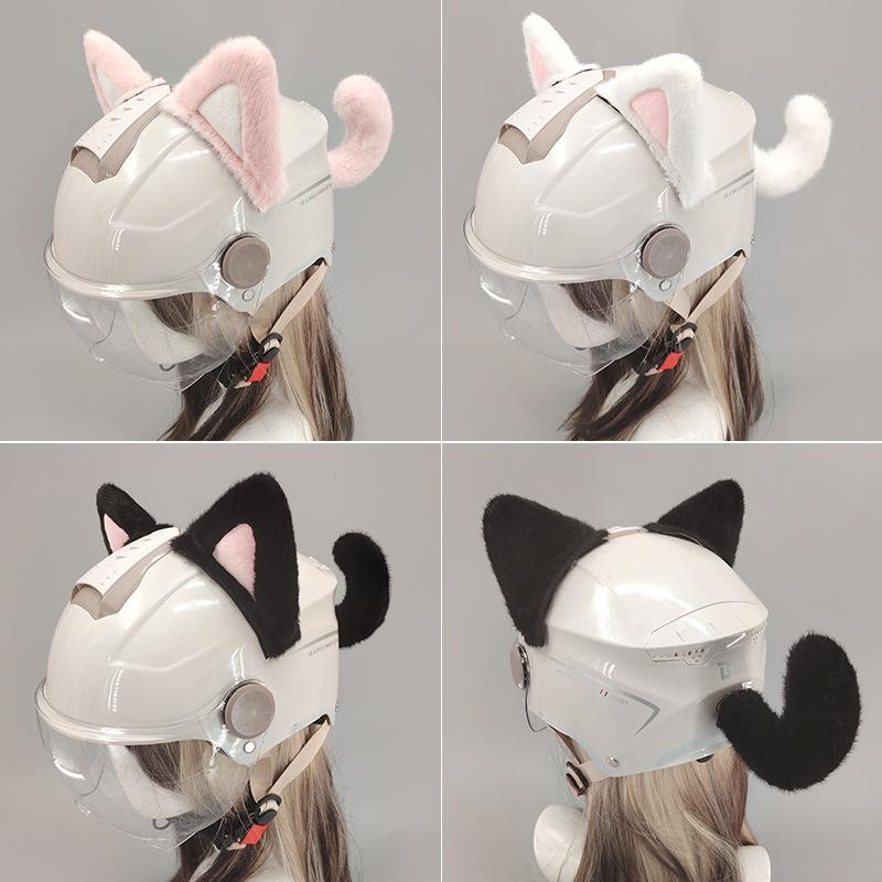 DIY Helmet Cat Ear Decorations Plush Cat Ears and Tail Stickers for Motorcycle Helmets for Men and Women Cute Accessories