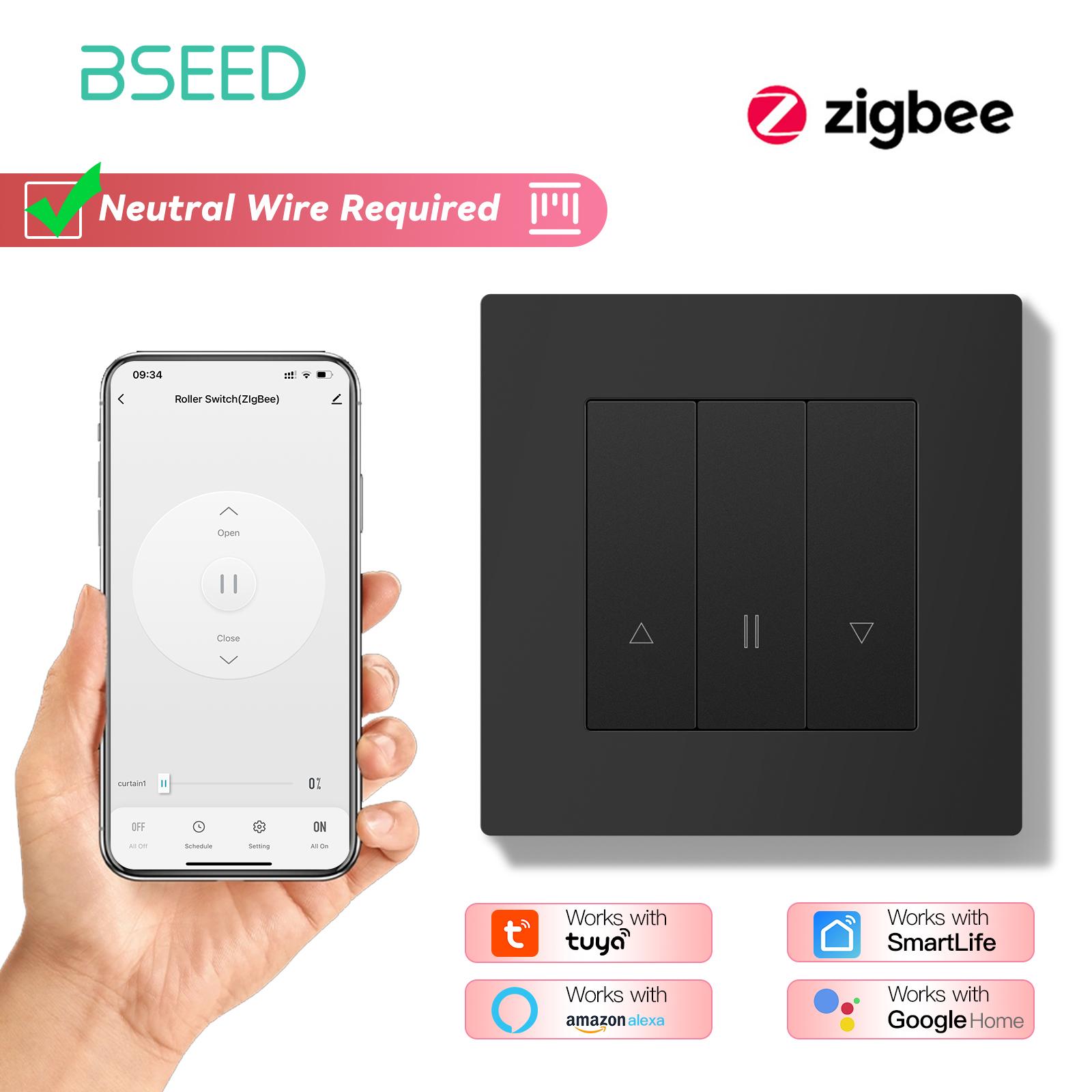 

BSEED Zigbee Shutter Switch With Wall Sockets Wall Smart Click Switches Yellow Backlight Plastic Frame Tuya APP Roller Switch EU EU standard