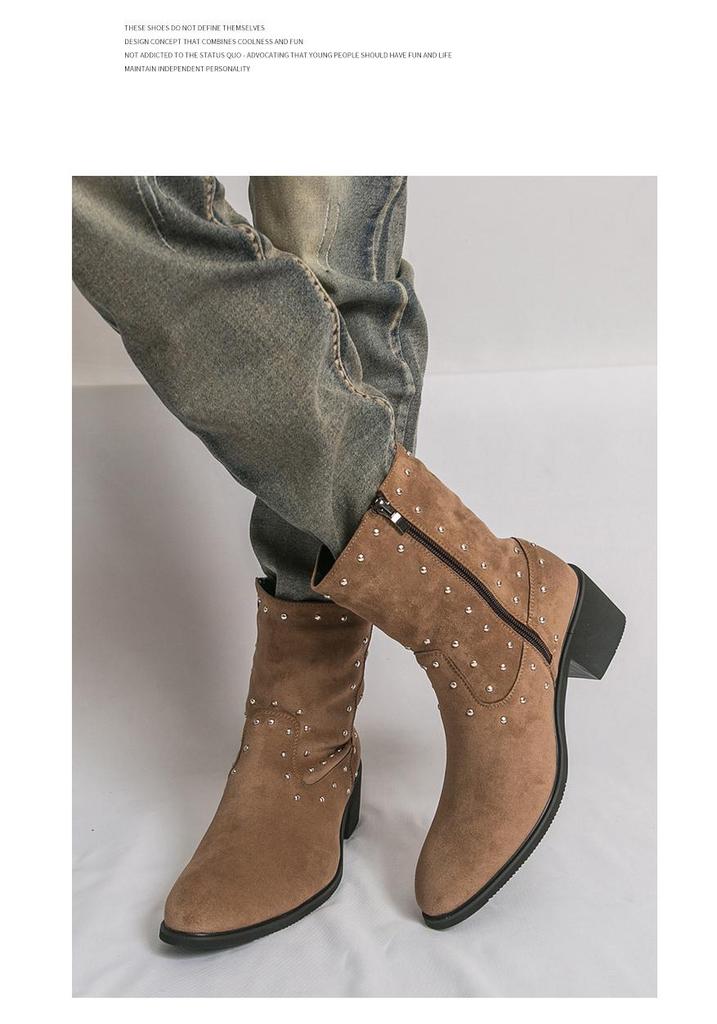 Men's Large Suede Leather Rivet Pointed Toe Ankle Boots - Medium Heel Fashion Knight Boots