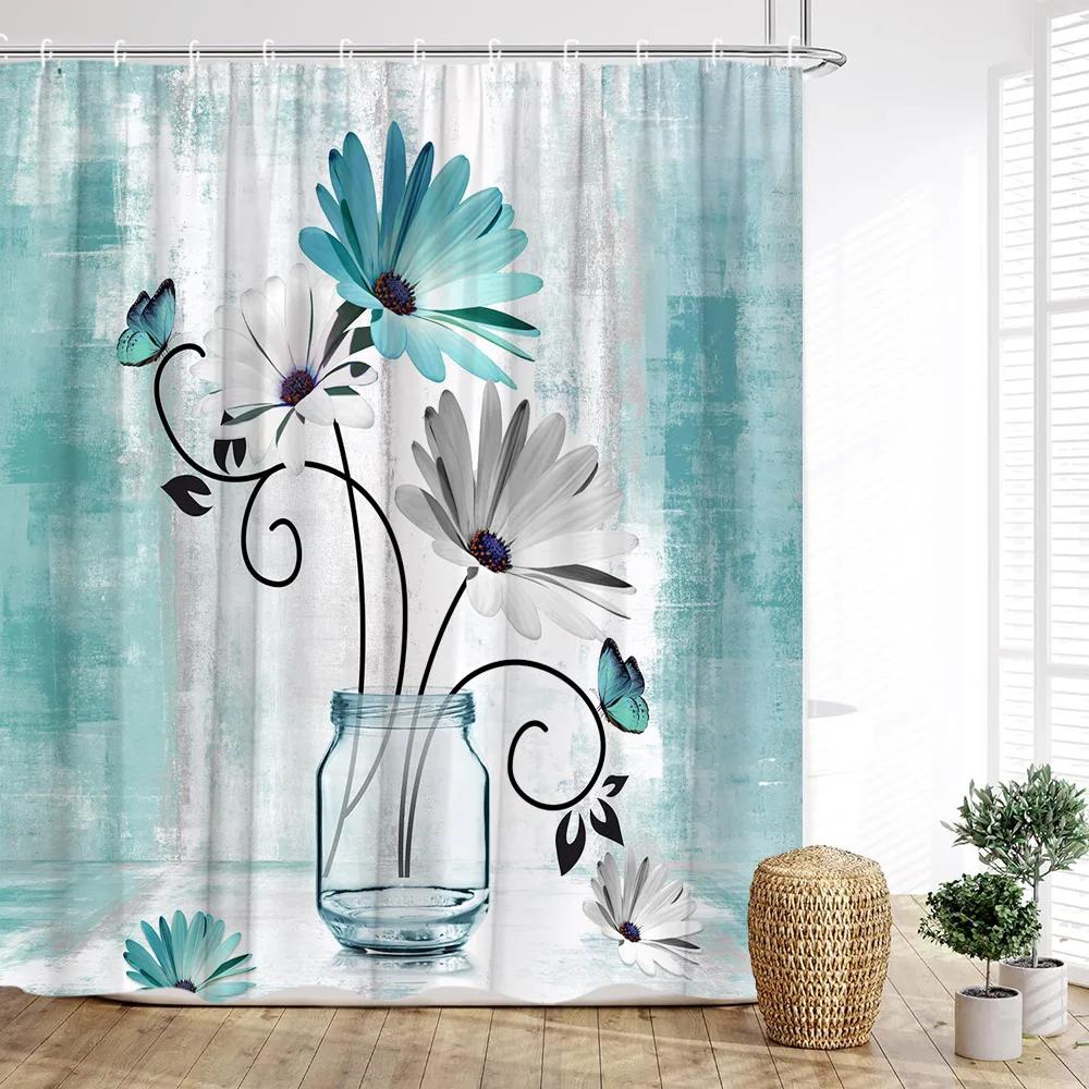 Floral Shower Curtain, Farm Daisy Dragonfly Rustic Wood Paneling Inspirational Quotes Butterfly Turquoise Home Bathroom Decor