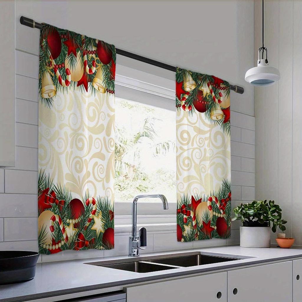 2pcs Christmas Themed Window Drapes Festive Tree Ribbons Lights Gifts Print Semi-Sheer Woven for Kitchen Living Room Bedroom
