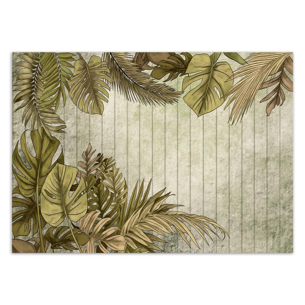 Wallpaper Tropical Leaves On a Background of Boards