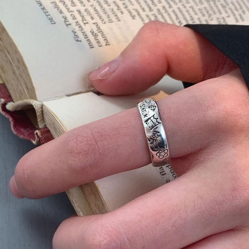 ANENJERY Flower Prince Graffiti Open Ring for Women Korea Niche Design Thai Silver Color Vintage bague femme anel anillo