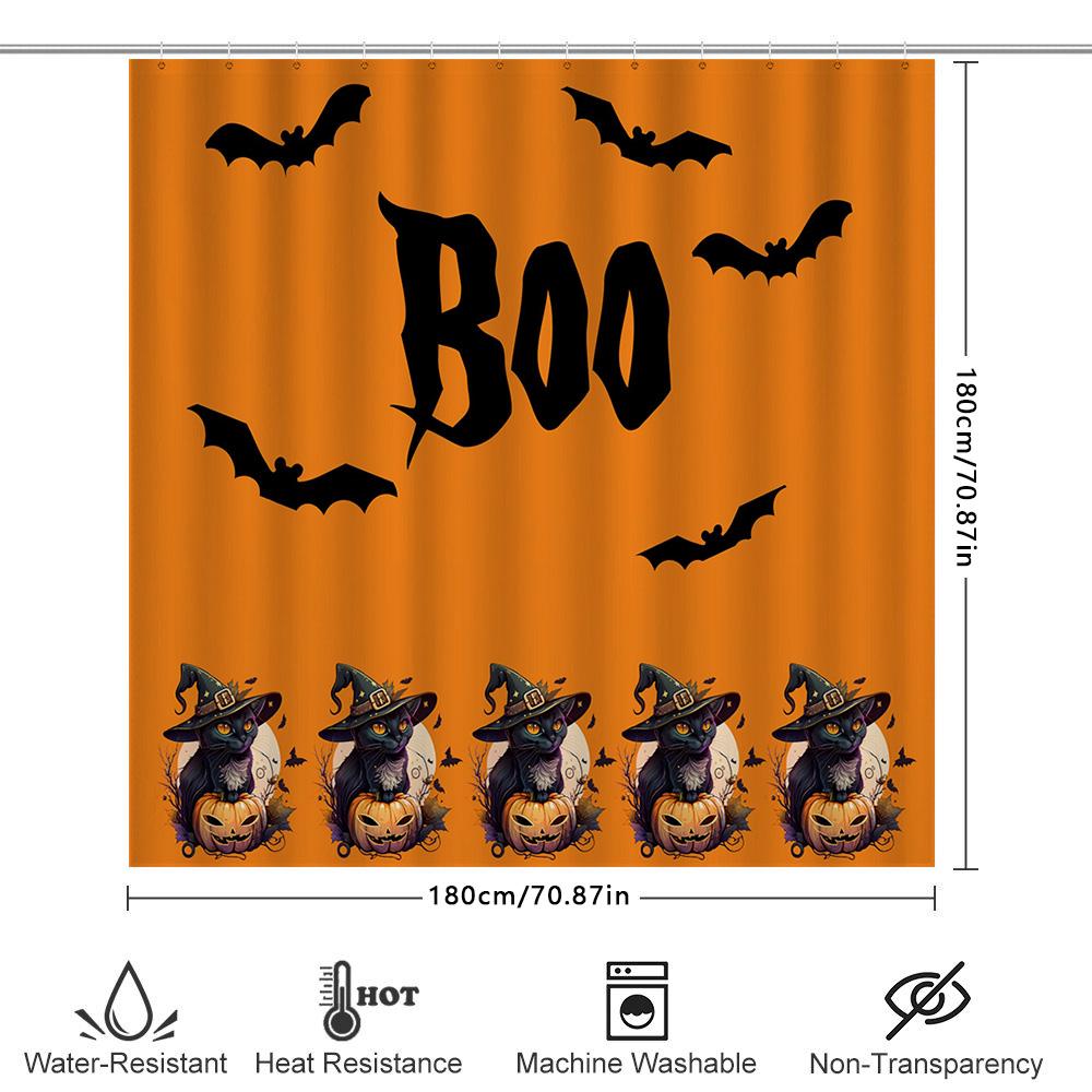 Halloween-Themed Shower Curtain With Boo Lettering And Spooky Cat Designs For Haunted House Decor In Bathroom Accessories