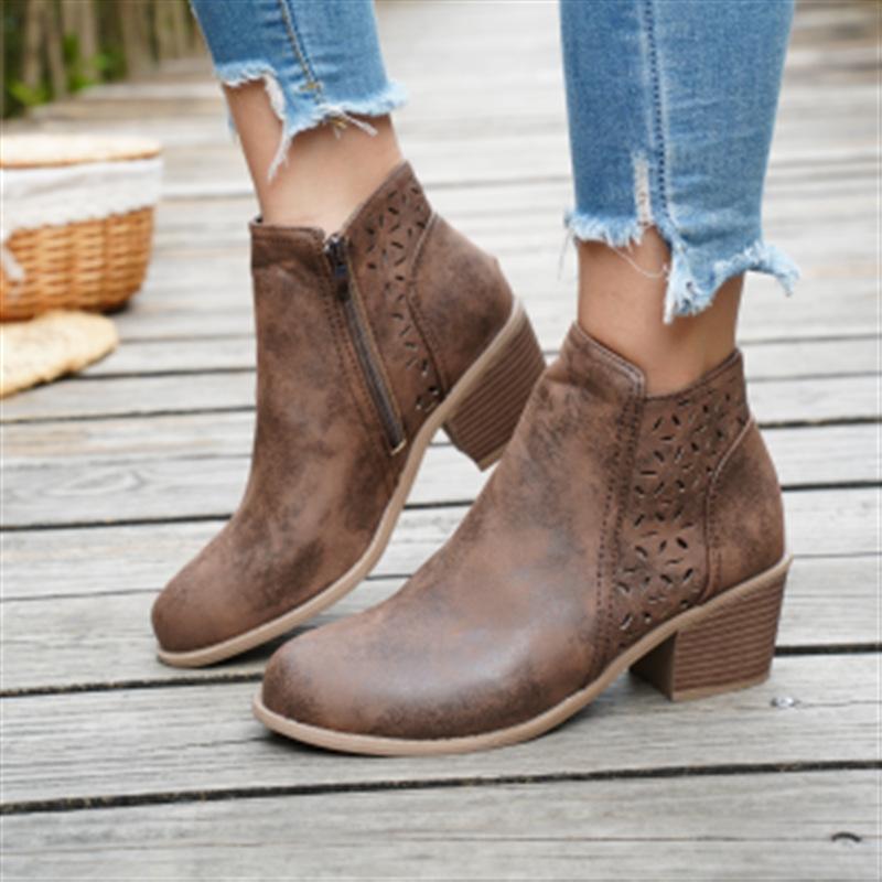 Autumn Coarse Heel Medium Heel Round Head Chelsea Boots Children's Side Zipper Hollow Fashion Women's Boots
