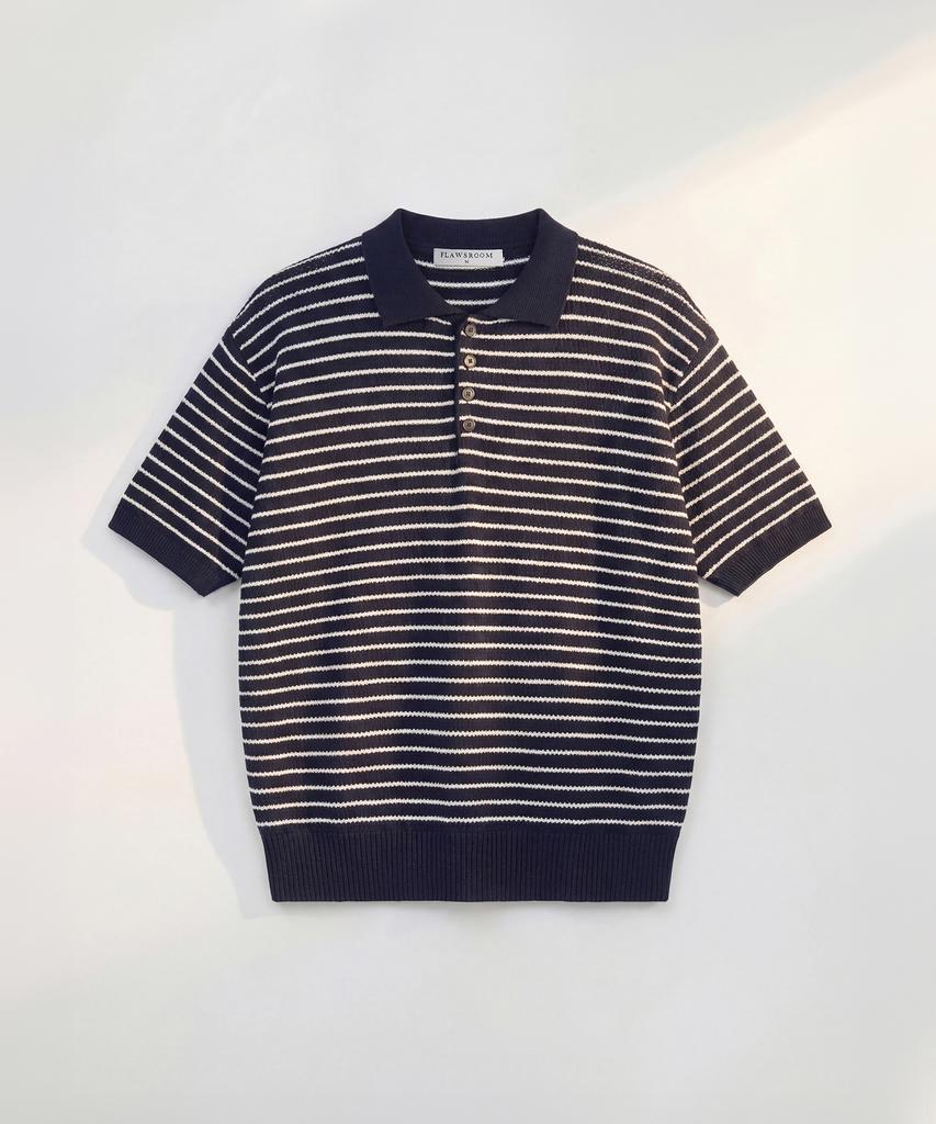 Peullojeulum Pure Cotton Collar Knit Stripe Navy