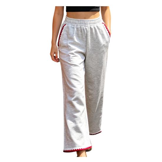 

Women Pants Elastic High Waist Pure Color Long Trousers with Pockets Red Zigzag Embroidery Contrast Color Leisure Sport Pants S белый