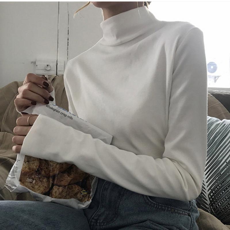 Women's Slim Fit Fleece High Neck T-Shirt - Korean Style Casual Long Sleeve Warm Top for Autumn and Winter 2025