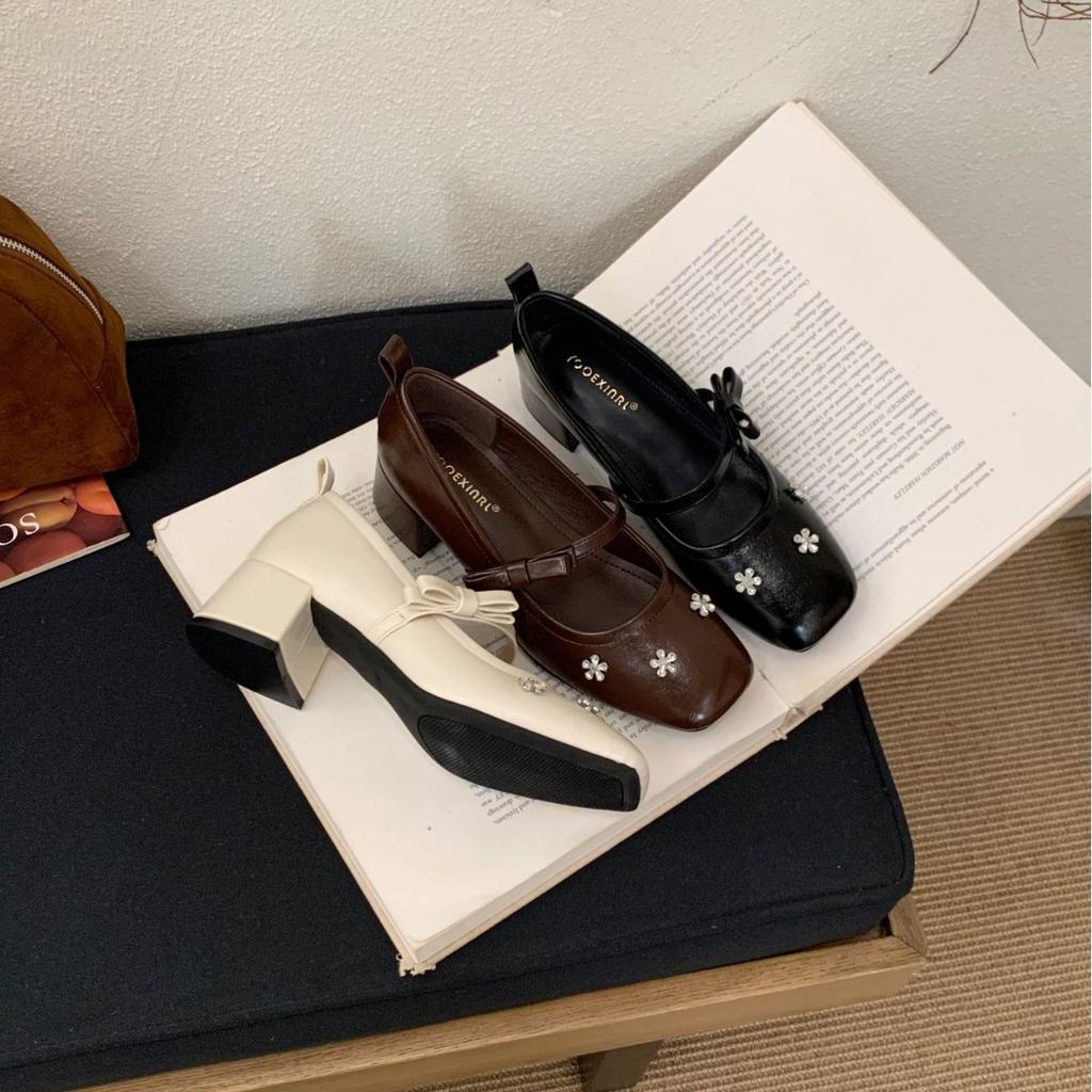 2025 new autumn shallow mouth rhinestone flower word with bow commuter work women single shoes soft sole women