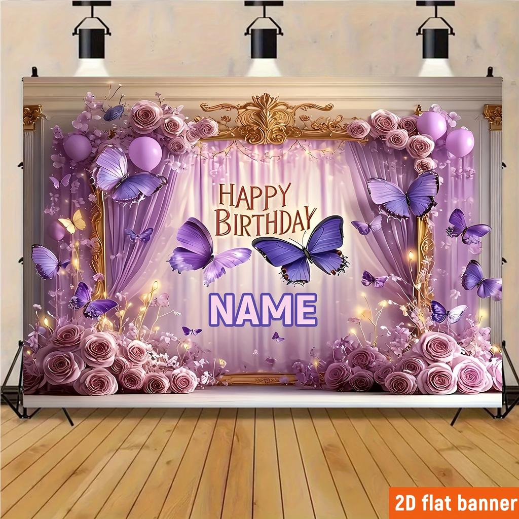 Spring and Summer Pink and Purple Beautiful Flowers 2D Butterfly Background Customizable Name Photo Birthday Party Decoration