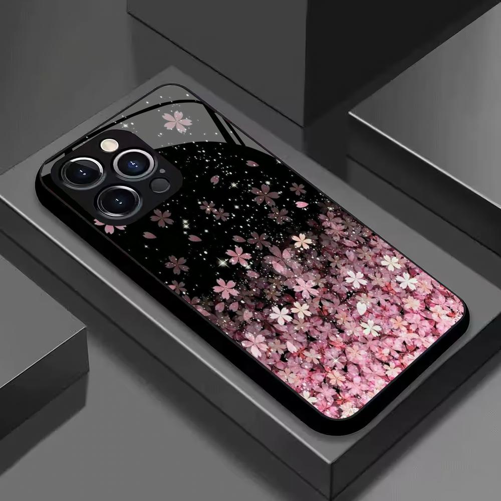 Pink Cherry Blossom Pattern Tempered Glass Phone Case Suitable for iPhone 17 16 15 14 13 12 11 Pro/Max/Plus Anti Drop Back Cover