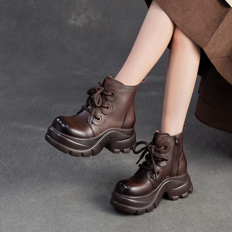 Johnature Round Toe Platform Short Boots Retro Genuine Leather Thick Soled Height Increase Women's Shoes