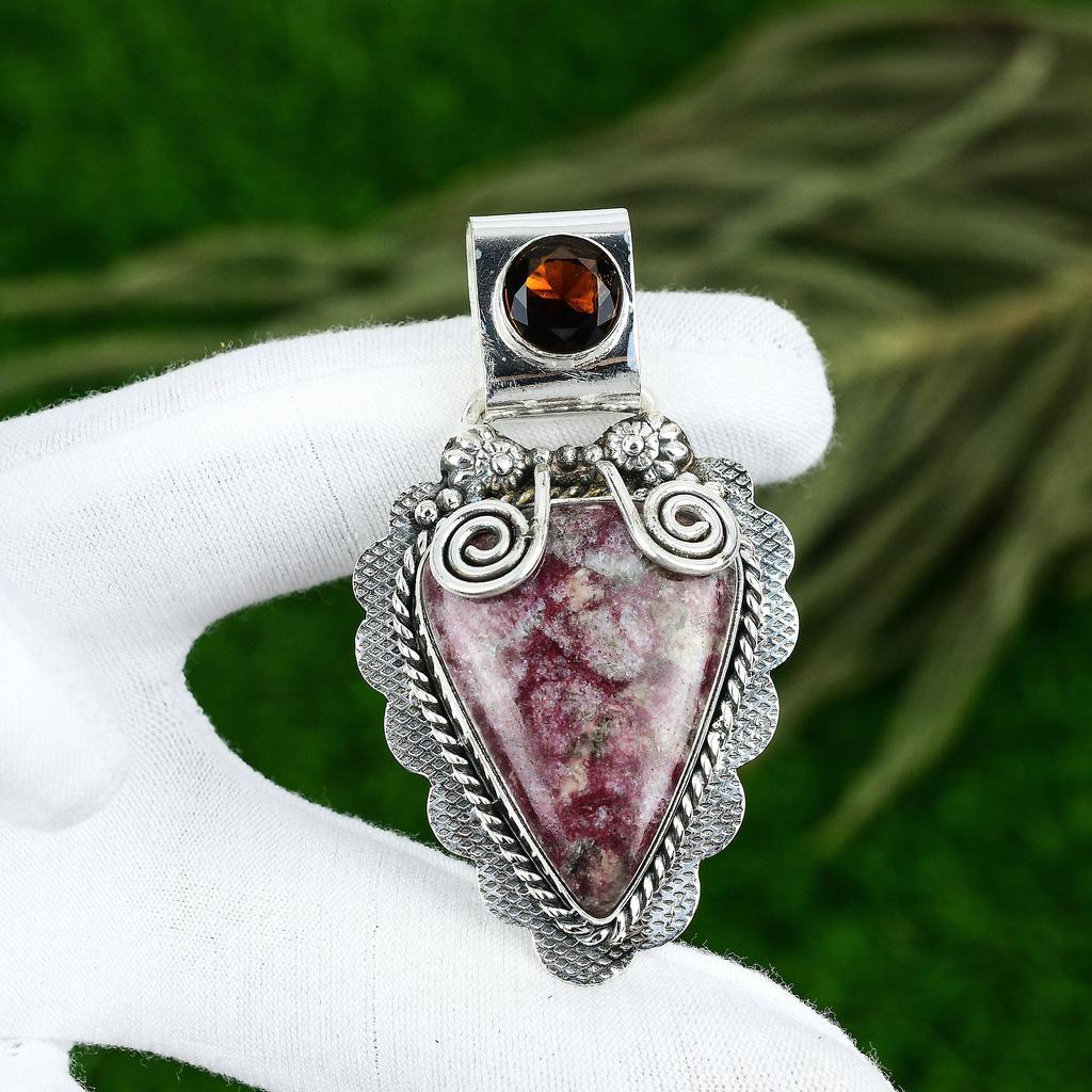 Natural Thulite Gemstone Pendant Handmade 925 Sterling Silver Indian Jewelry