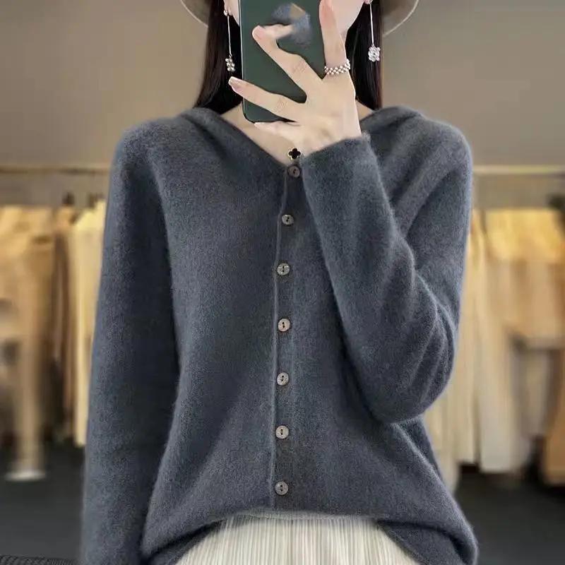 Wool Sweater Women Cashmere Cardigan Knitwear Loose Hoodie Clothing Aliselect Spring Autumn Comfort Tops
