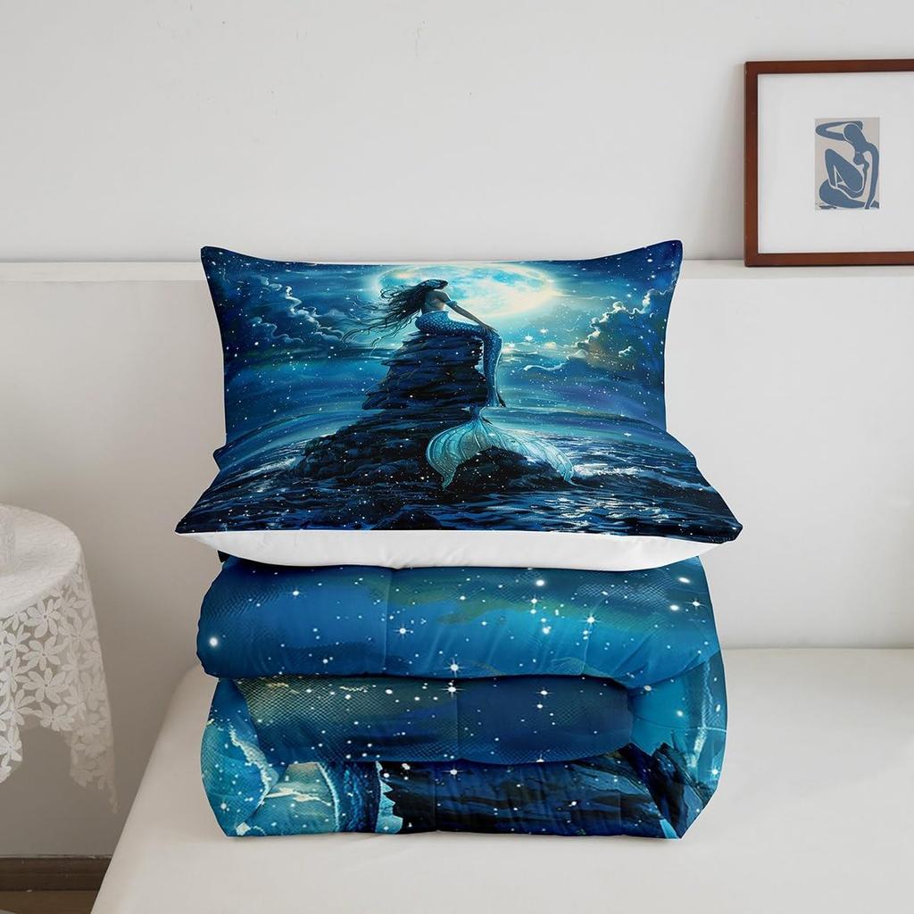 3D Mermaid Comforter Set Queen SizeSea Moon Starry Sky Bedding Set Kids Boys Girls Room DecorLuxury Fashion Soft Microfiber