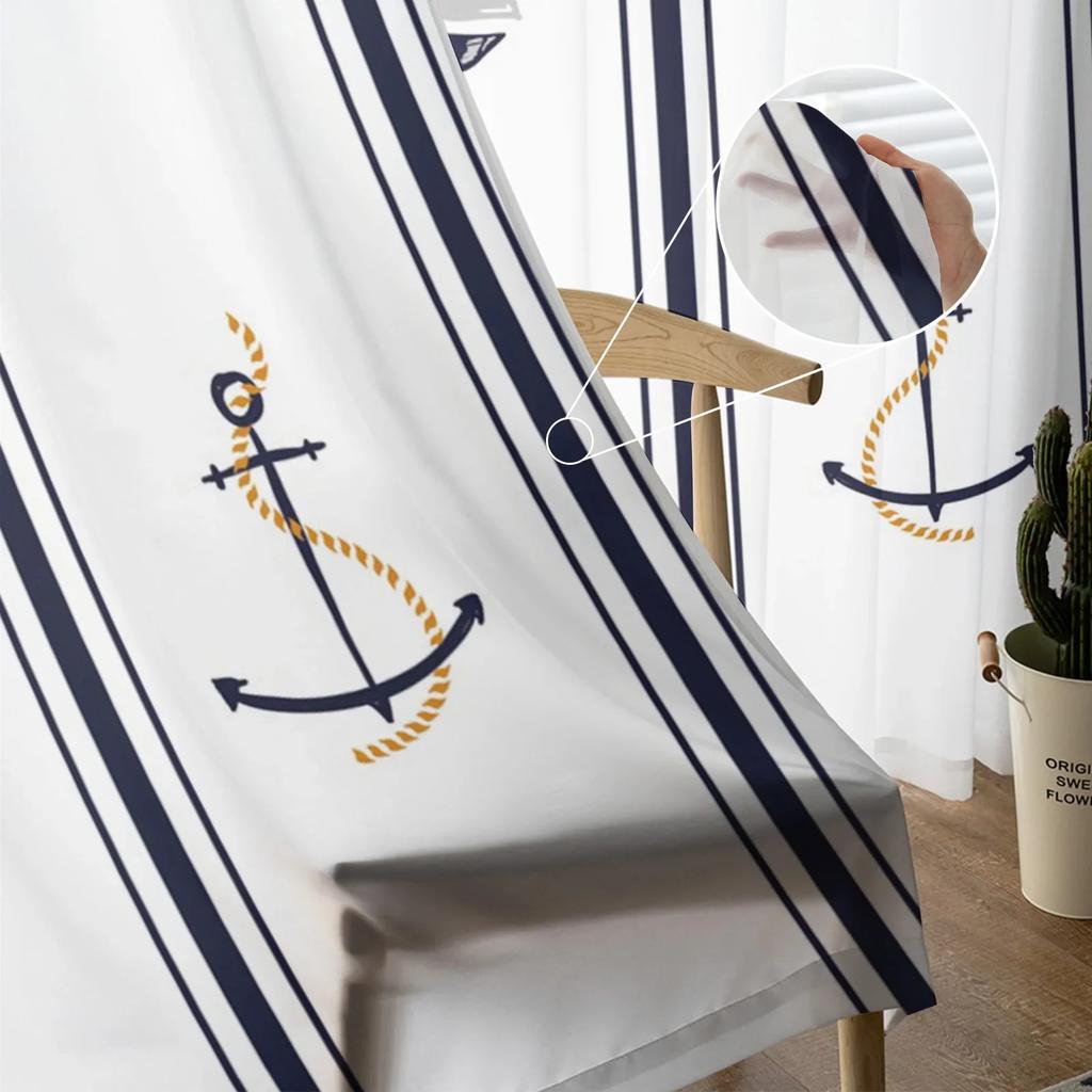 Båt Ankare Ränder Rektangel Vit Tyll Skira Fönstergardiner för Vardagsrum Sovrum Modern Voile Organza Gardiner Draperier