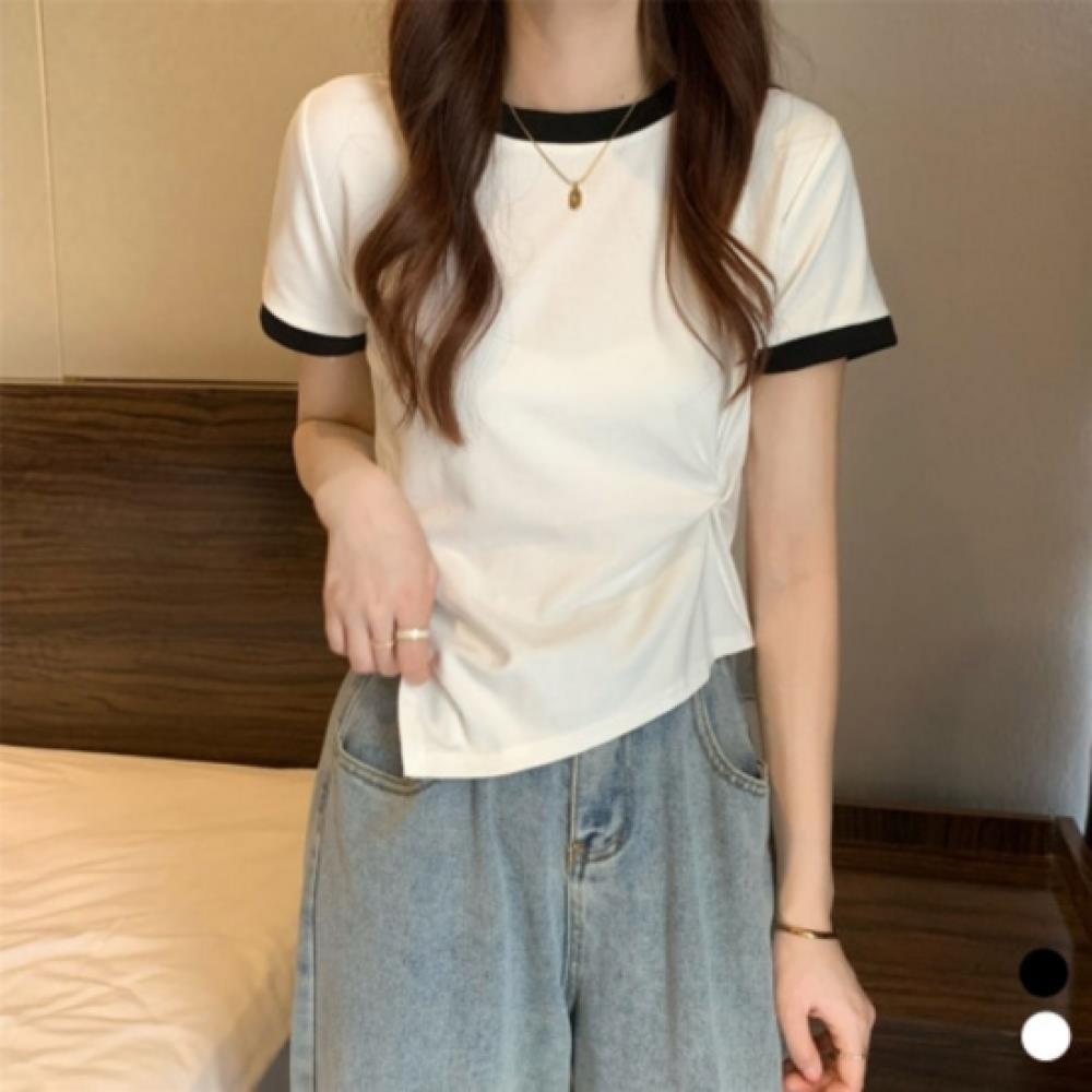 New Arrivals Open Run Women AsymmeTric Color Block ShorT Sleeve T shirT TwisTed