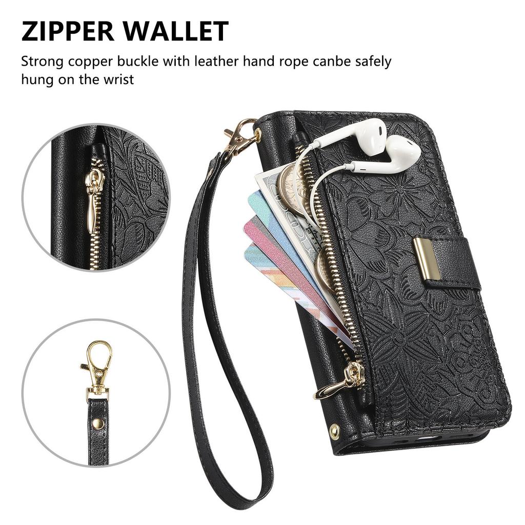 Floral Leather Wallet Case for iPhone 12-17 series.Vintage All-in-One Card Holder w/Stand, Magnetic Closure & Wrist Strap