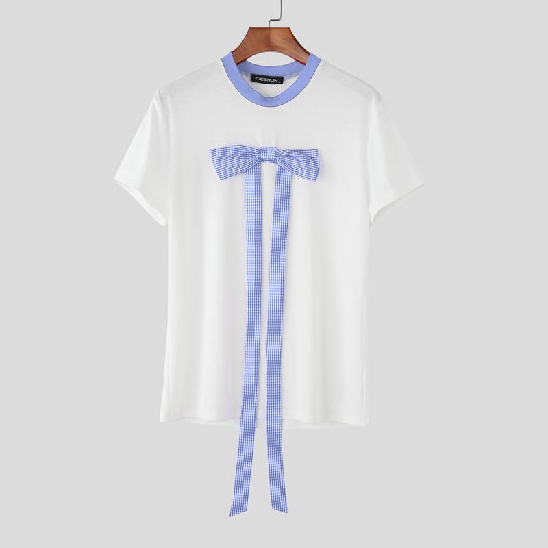 

INCERUN Мужские футболки с коротким рукавом, пэчворк с бантом, повседневные, облегающие, топы 4XL синий