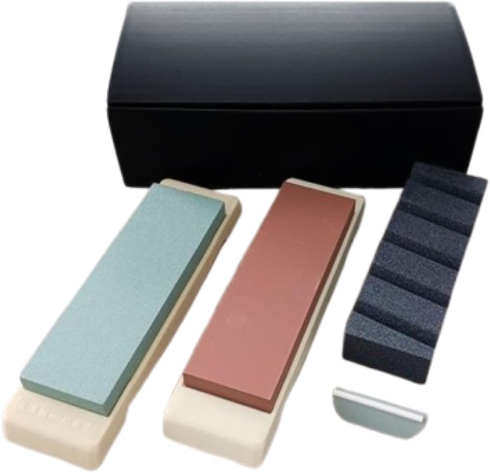 Naniwa Kensetsu Kogyo 4-Piece Whetstone Set with Stand, Medium Finish #1000, Rough Whetstone #220, Surface Refinishing Whetstone, Clip