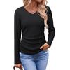 Women's V Neck Long Sleeve Knit Top Ruched Side Solid Color Textured Casual Basic T Shirt Fall Fashion Blouse