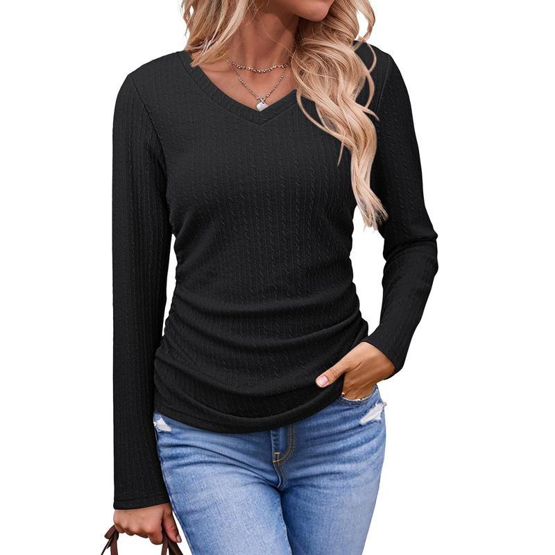Women's V Neck Long Sleeve Knit Top Ruched Side Solid Color Textured Casual Basic T Shirt Fall Fashion Blouse