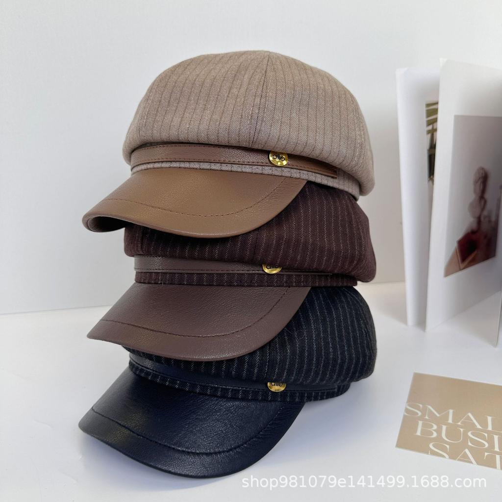 New leather buckle striped leather brim octagonal hat small label women's early autumn simple and versatile fashion beret trendy painter hat