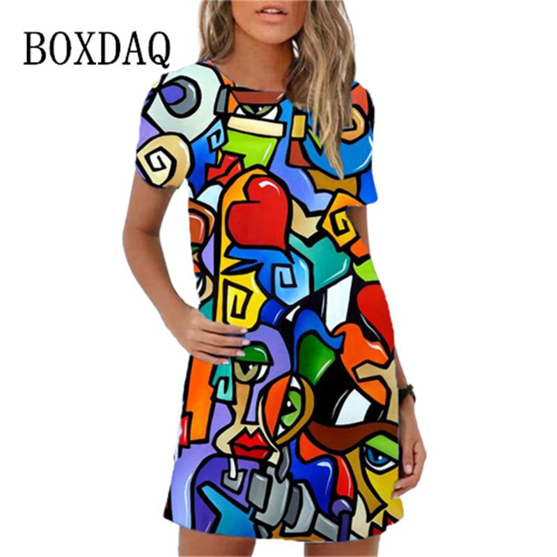 Fashion Funny Abstract Cartoon Pattern Women Dress Casual Short Sleeve O-Neck Print Loose A-Line Dress Summer Casual Sundress XL