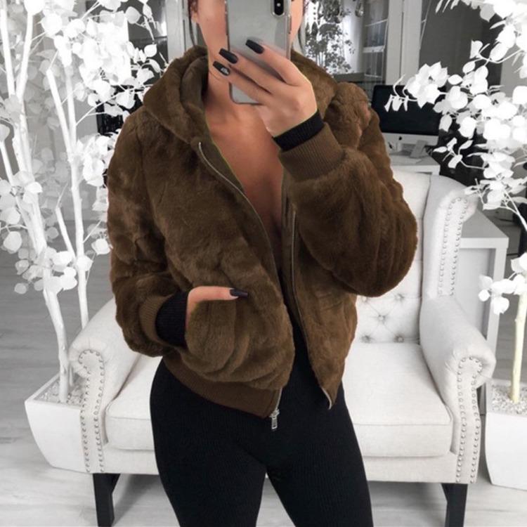 Women Bunny Fur Hooded Jacket Short Coat for Autumn Winter Female Fashion Outerwear