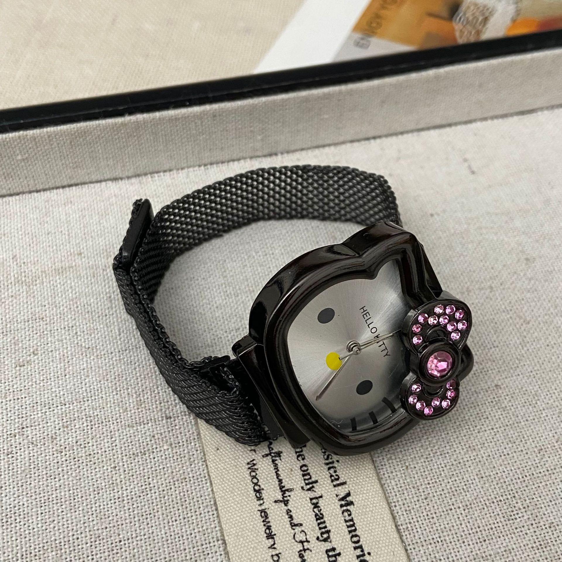 

Sweet kitty cat with diamond bow watch men and women cute cartoon adjustment with pointer watch versatile jewelry чёрный
