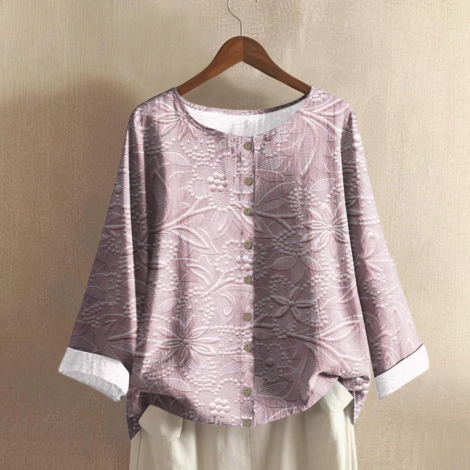 

Женская модная и повседневная рубашка с длинным рукавом, круглым вырезом и принтом, блузка-топ из хлопка и льна XXL розовый