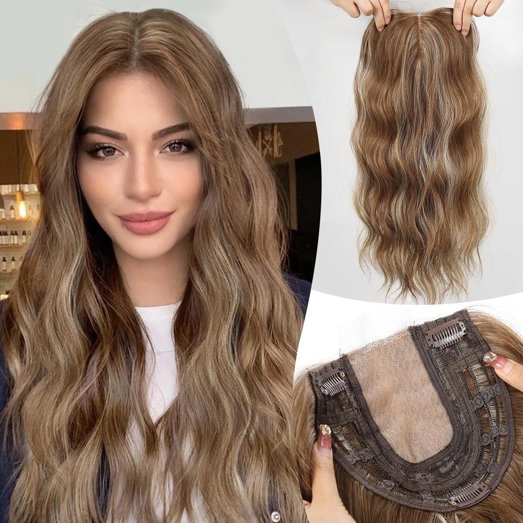 20 Inch Natural Brown Synthetic Hair Toppers Long Wavy Hairpieces for Women 6" ×6" Large Base Lace Front Hair Topper Clips In