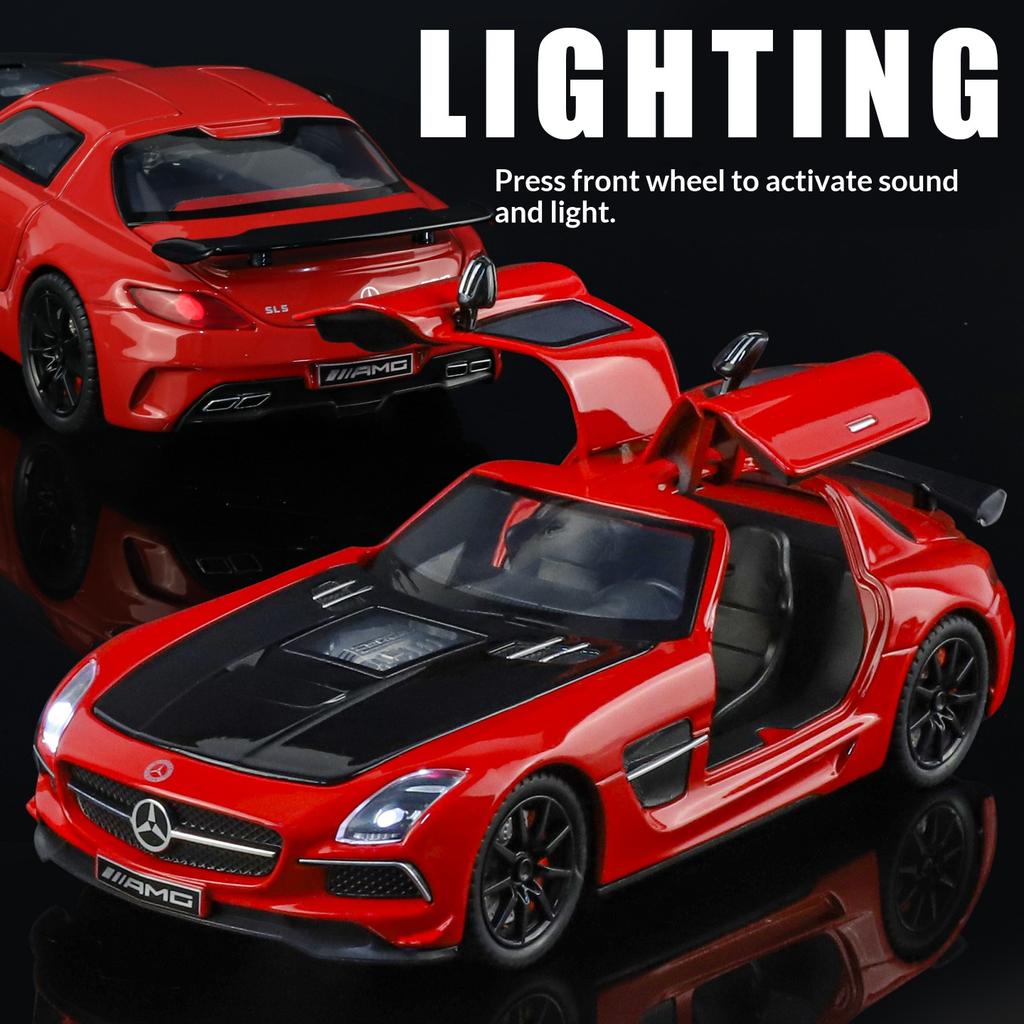 Alloy Die-cast 1/24 Scale SLS-AMG Modified Coupe Model Simulation Sound and Light Transparent Hood Boy Toy
