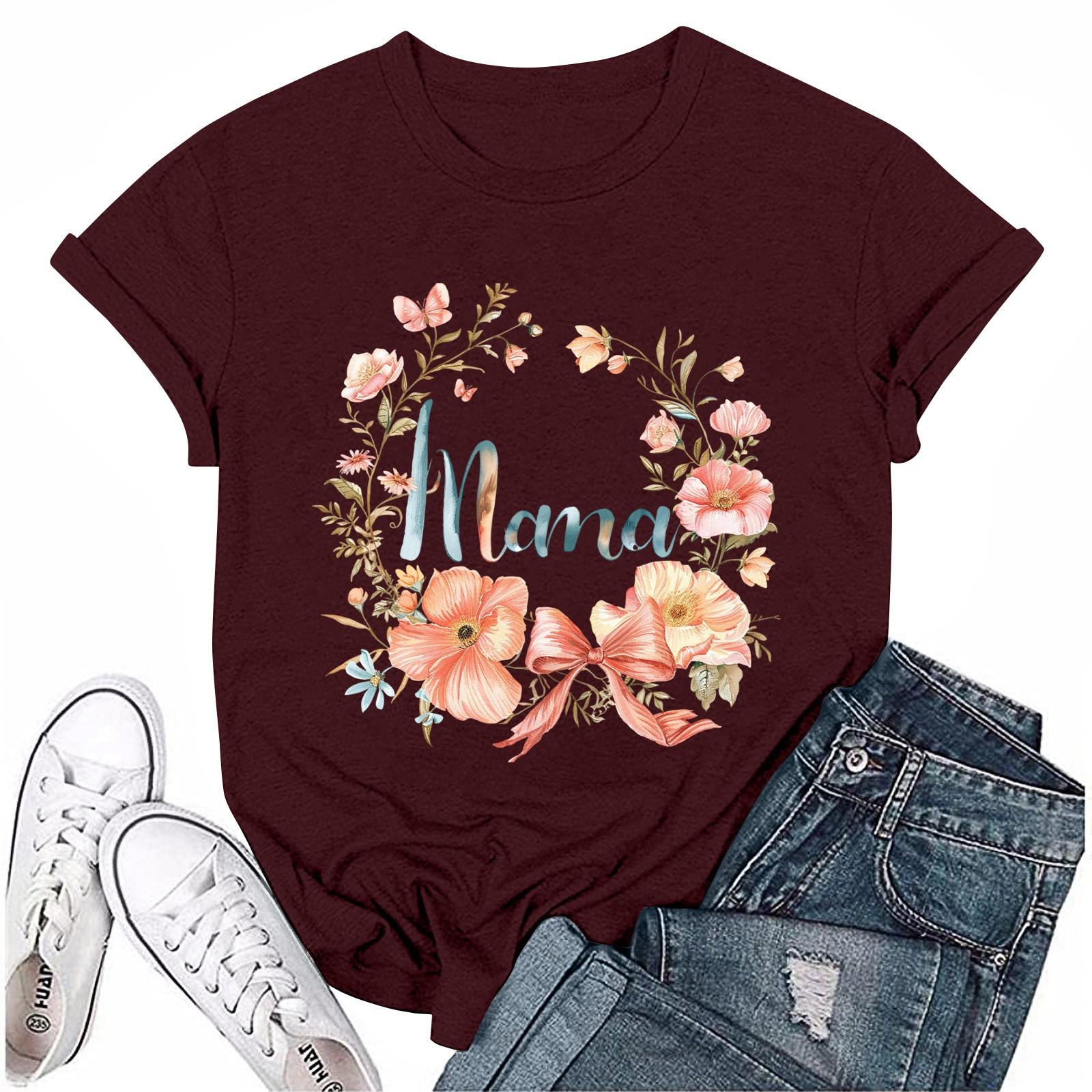 

Женский топ с круглым вырезом, повседневный принт, футболка с короткими рукавами XL винный