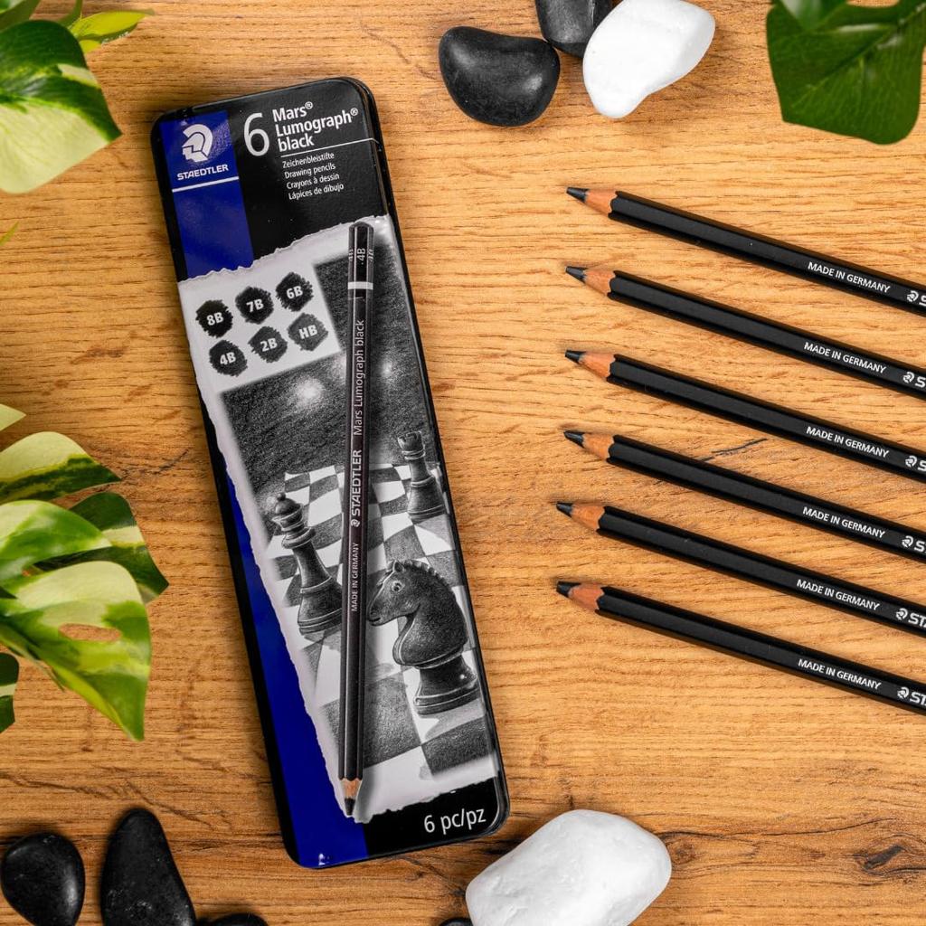 STAEDTLER Mars Lumograph Black Pencils, 8B, 7B, 6B, 4B, 2B, HB, and 100B G6 Carbon Leads, 6 Hardness Set for Drawing and Sketching