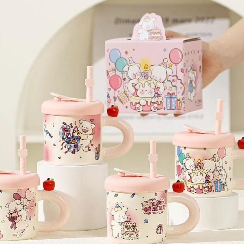 2025 Summer Hot-Selling Straw Cup Direct Sales Whole Ceramic Cup With Lid With Straw Cartoon Mug