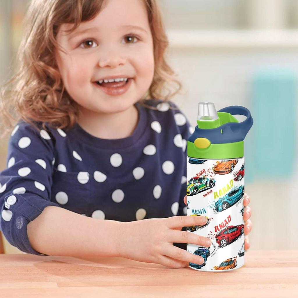 Boccsty Bright Race Car Truck Kids Water Bottle with Straw Lid Sport Cars ulated Stainless Steel Reble Tumbler for Boys Girls Toddlers 12 oz Green