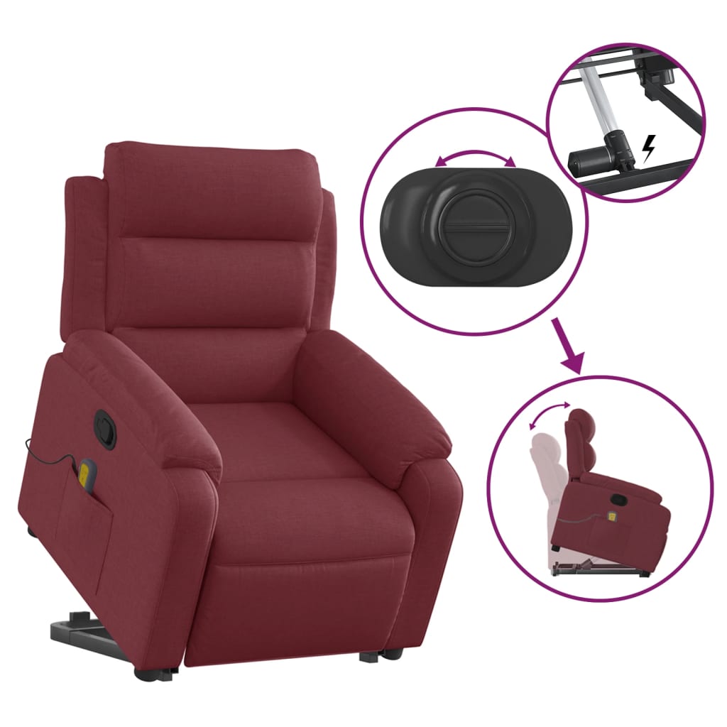Massage Recliner with Rising Assistance Burgundy Fabric