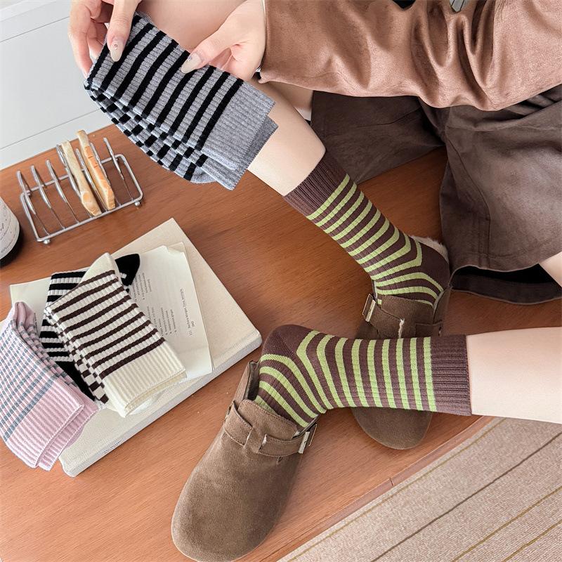 Autumn and Winter Mid-calf Socks for Women, Casual Striped School Style Warm Socks, Comfortable and Soft Pile Socks