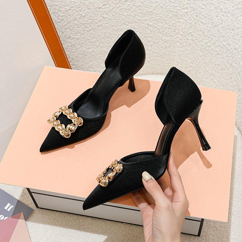 2025 New Leisure Rhinestone Square Buckle Baotou Extra Wide Hollow Sandals Pointed Head High Heel Single Shoes Women