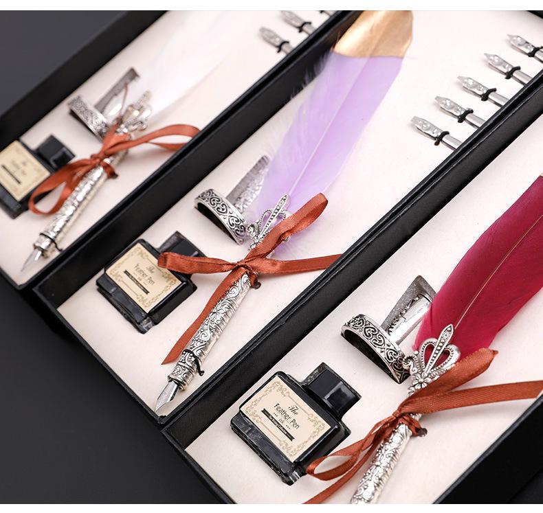 European Retro Feather Calligraphy Set: Oblique Nib Dip Pen with Holder and Ink Engraving