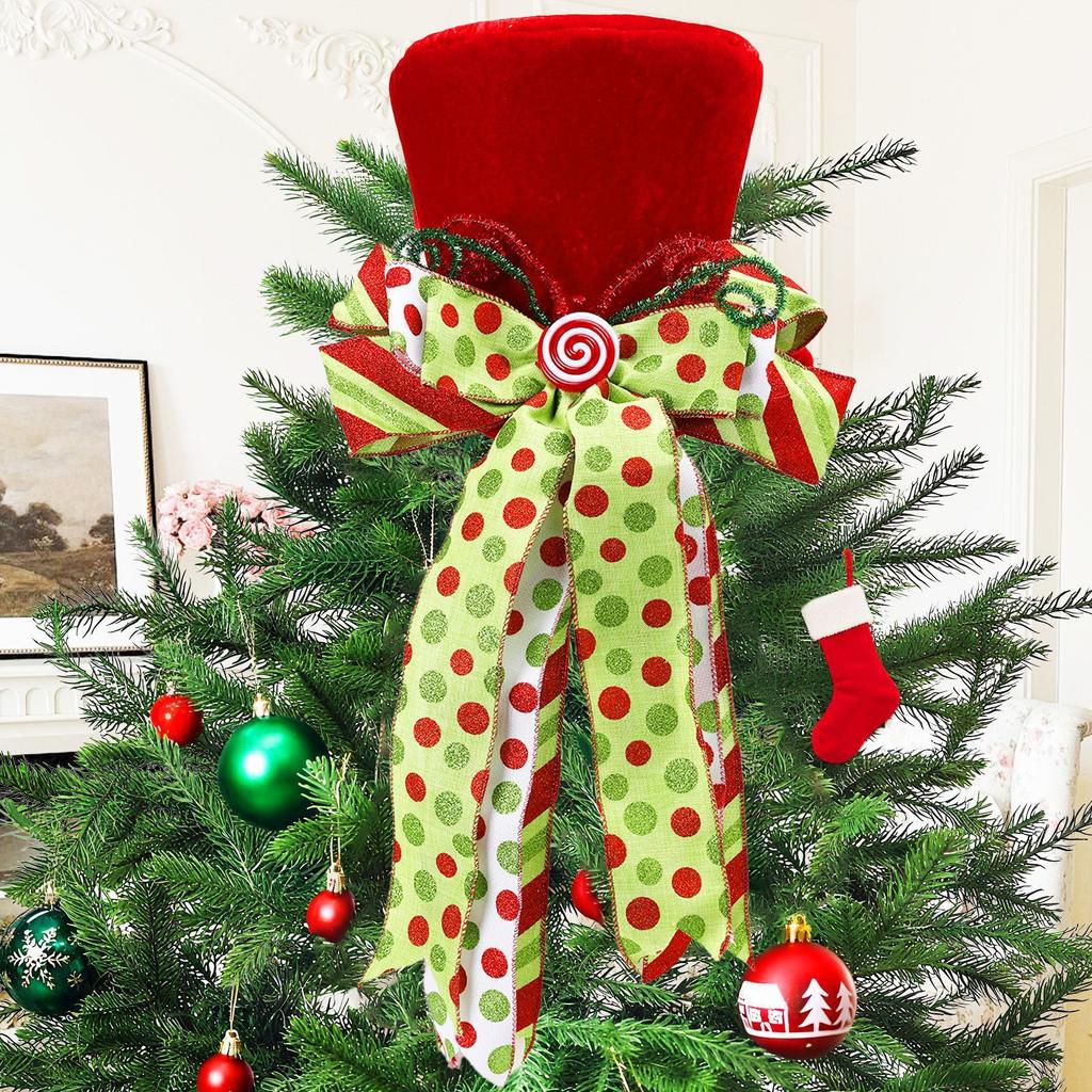 Christmas Tree Topper, 24 X 11 Inch Large Red Topper With Large Candy Bow, Christmas Tree Topper, Holiday Gift Decoration For Christmas Tree