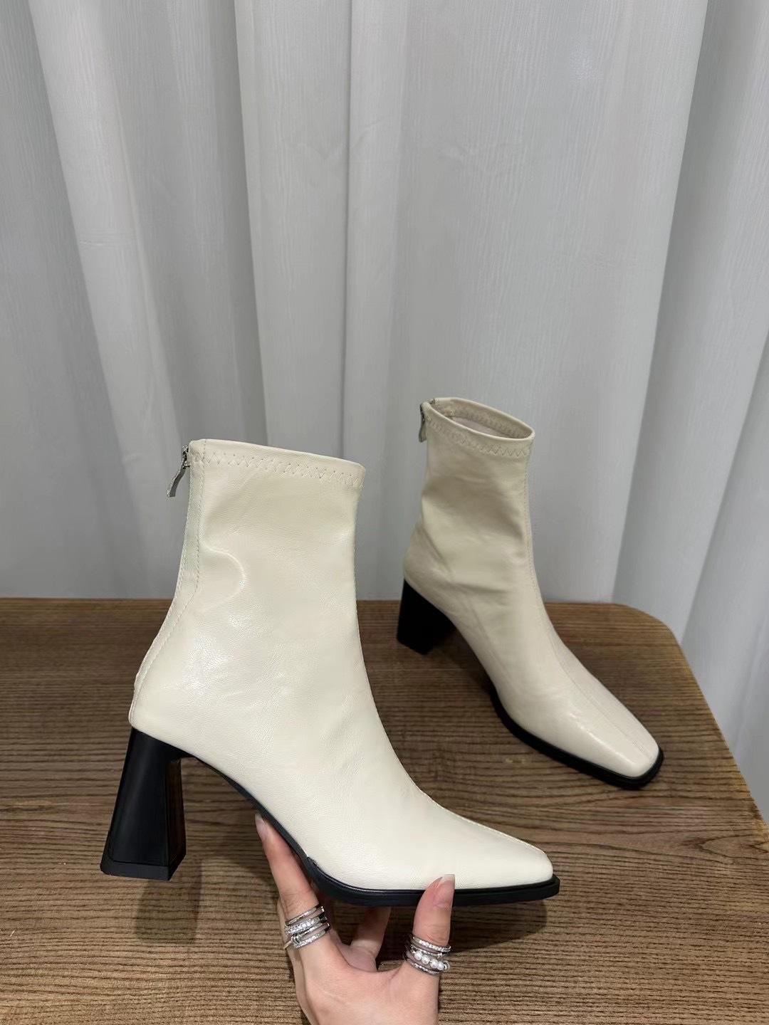 

Thick Heel Skinny Boots 2025 New Spring, Autumn and Winter Square Heel High Heel Single Boots White Small Ankle Boots Short Boots Square Head Martin B 35