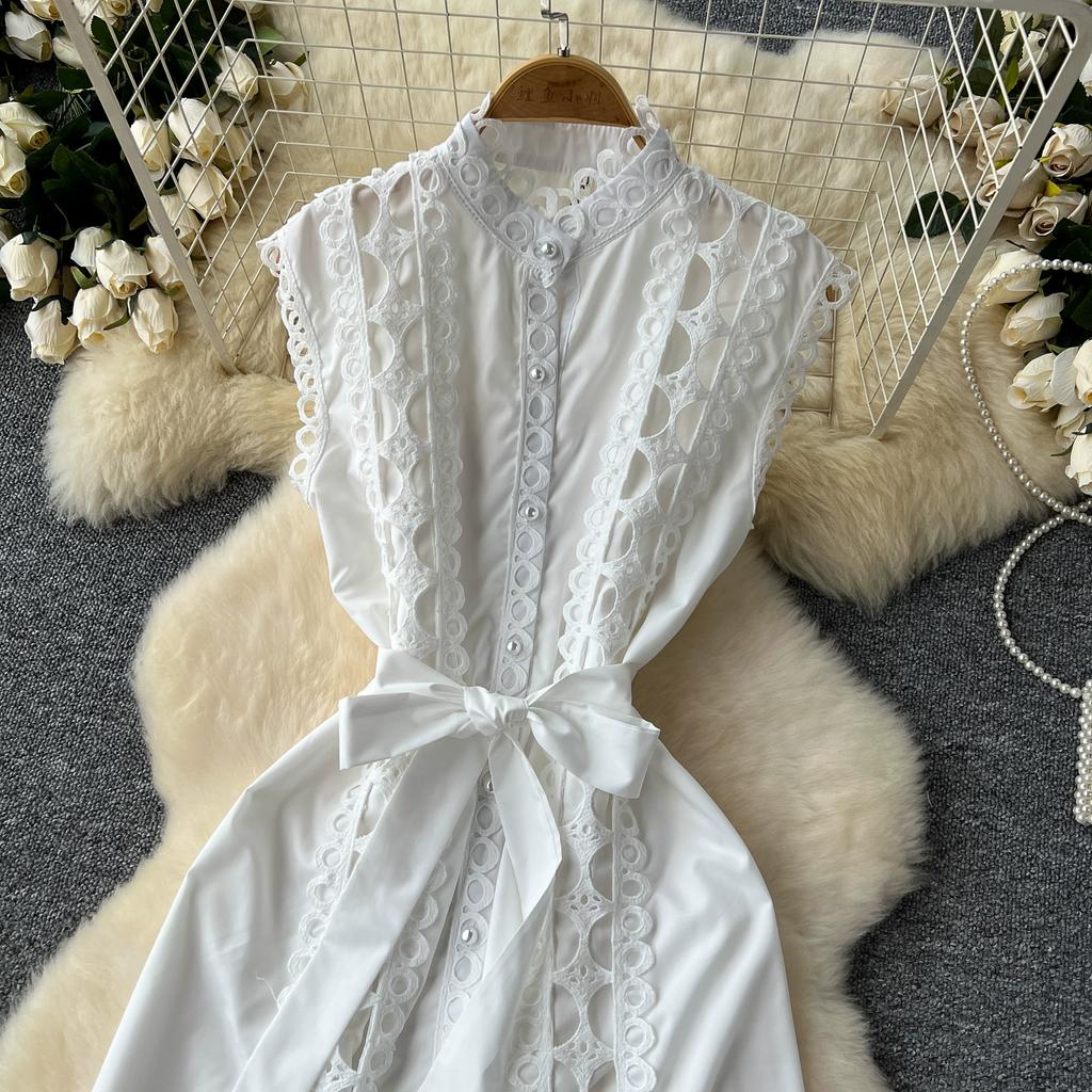 Summer Elegant Stand Collar Lace Spliced Embroidery Holiday Dress Women's Sleeveless Tank Party Dressess