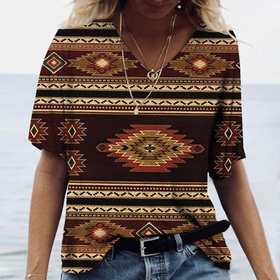 Camisetas de Verano de Estilo Étnico con Estampado 3D Moda Femenina Vintage Ropa de Calle Manga Corta Cuello en V Camiseta Tees Tops Ropa de Mujer